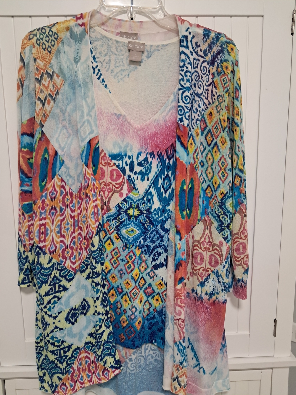 Chicos Lightweight Cardigan Sweater & Tank Set Multicolor Ikat Cotton Knit Sz M